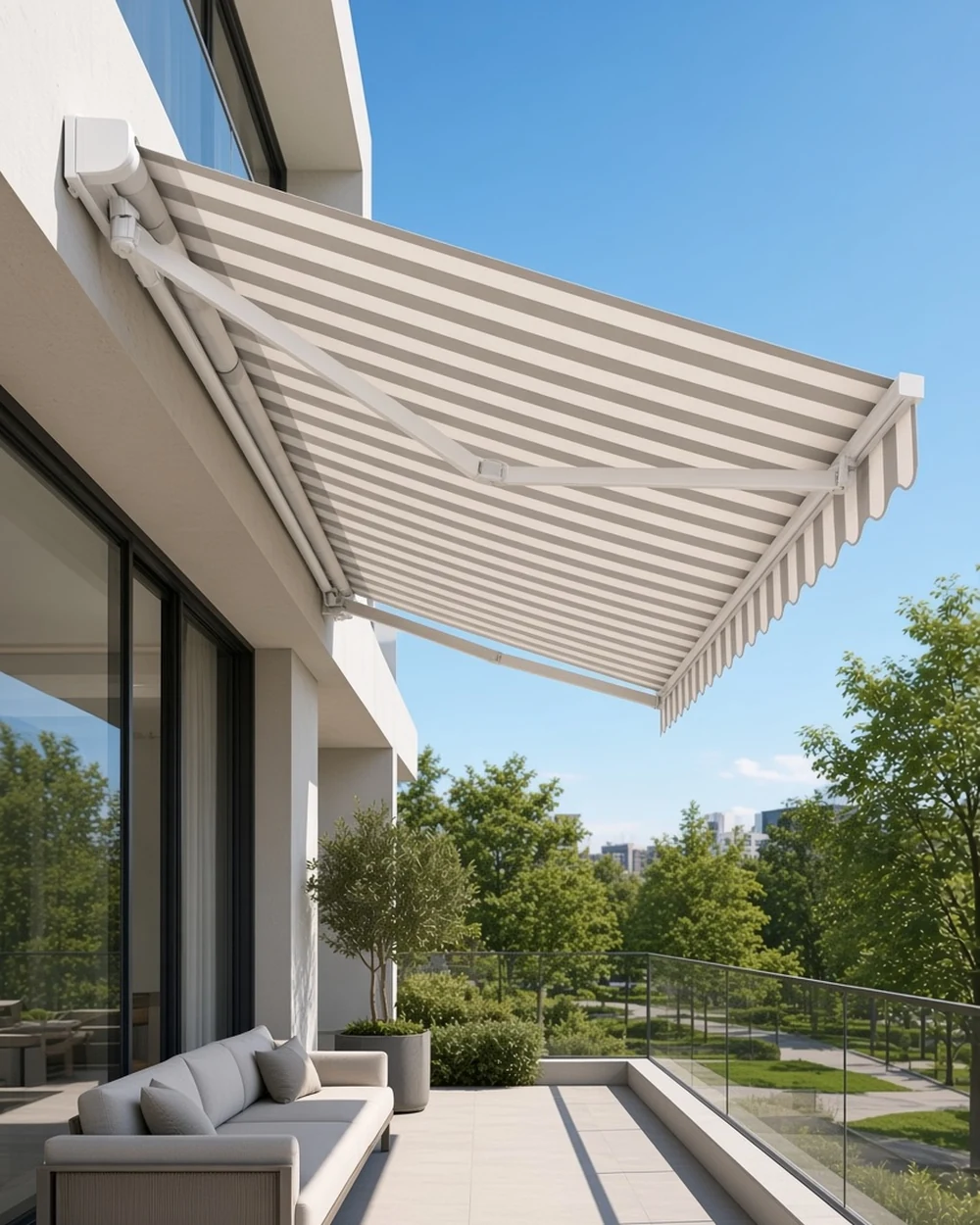 Tenda CAPRI na modernoj terasi – sivo-belo prugasto platno